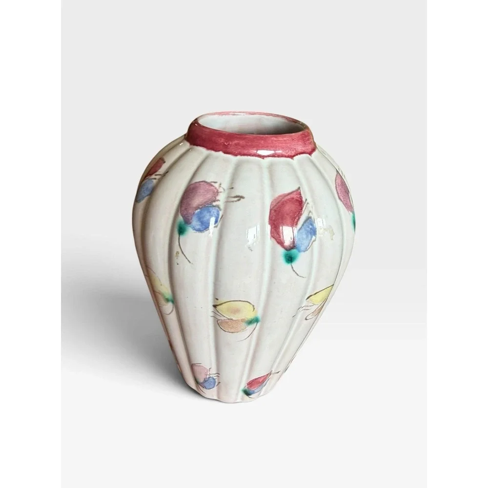 Vintage Arabia Finland ARA Art Pottery Hand Painted Floral Ribbed Vase Finnish